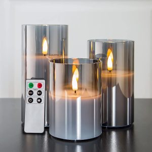 Eywamage Silver Grey Glass Flameless Candles with Remote, Flickering Battery LED Pillar Candles Real Wax Wick 3 Pack Φ 3" H 4" 5" 6"