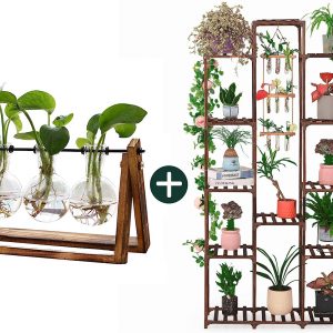 Plant Terrarium with Wooden Stand, Air Planter Bulb Glass Vase Metal Swivel Holder Retro Tabletop Plant Stand Indoor Outdoor 13 Tiers for Window Garden Balcony Patio Porch Living Room