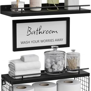 Bathroom Décor Sets, Floating Shelves with Bathroom Wall Décor Sign, Wood Bathroom Shelves Over Toilet with Basket Set of 3, Rustic Floating Shelf for Bathroom Wall Décor with Guardrail–Black