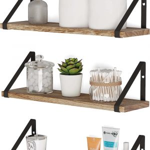 Ponza Floating Shelves for Wall, Laundry Room and Bathroom Storage Shelf Unit Set of 3, Natural Burned Rustic Wood Wall Decor with Metal Floating Shelf Bracket